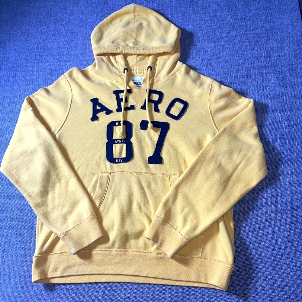 Aéropostale Aero 87 Hoodie Mens XL Yellow Graphic Logo Gym & Training Drawstring
